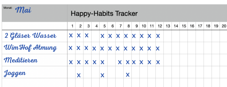 Liste mit Gewohnheiten: Meditieren, 2 Gläser Wasser, WimHof Atmung, Joggen